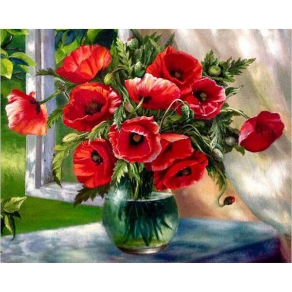 Red Flowers in the Glass Vase - Paint with Numbers Kit