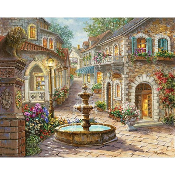 A Beautiful Street, Fountain and Flowers Painting - DIY