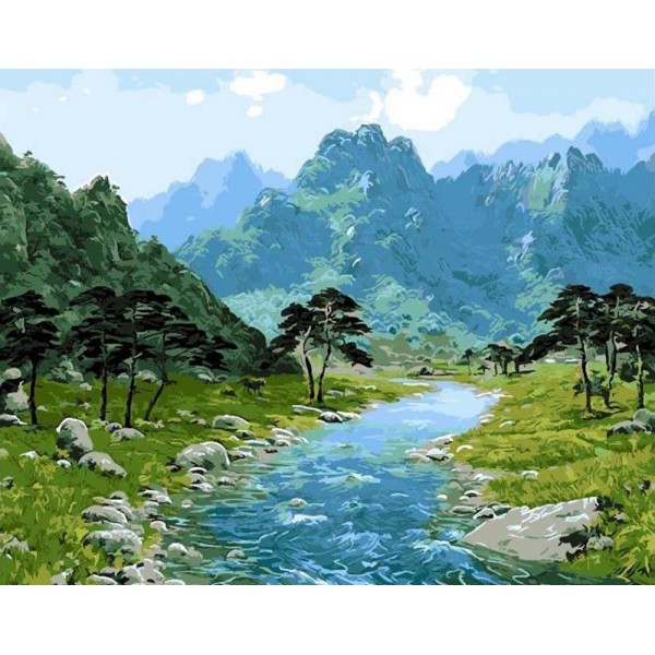 River Flowing in the Mountain lands Painting Kit by Numbers