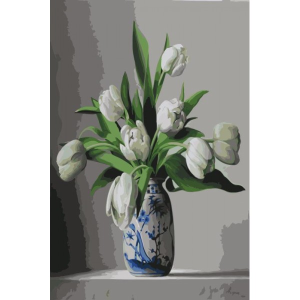 White Tulips In Colorful Vase