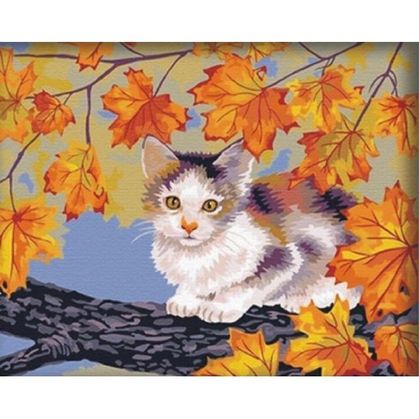 Cat sitting on Branch in Autumn - Painting by Numbers