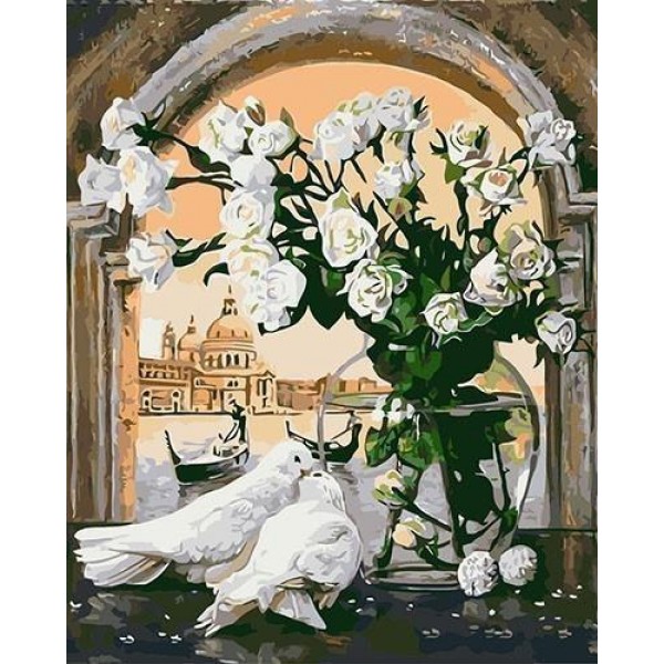 White Flower And Pigeons Drawing and Painting by Numbers