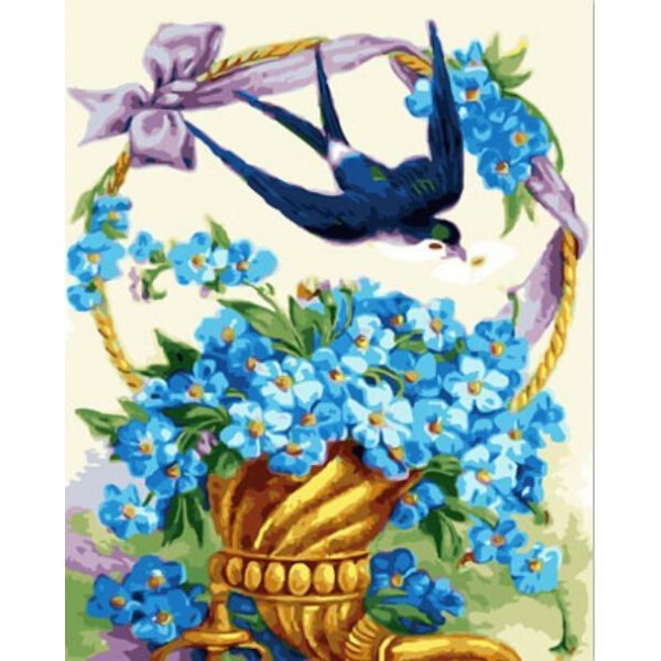 A Bird & A Basket of Blue Flowers