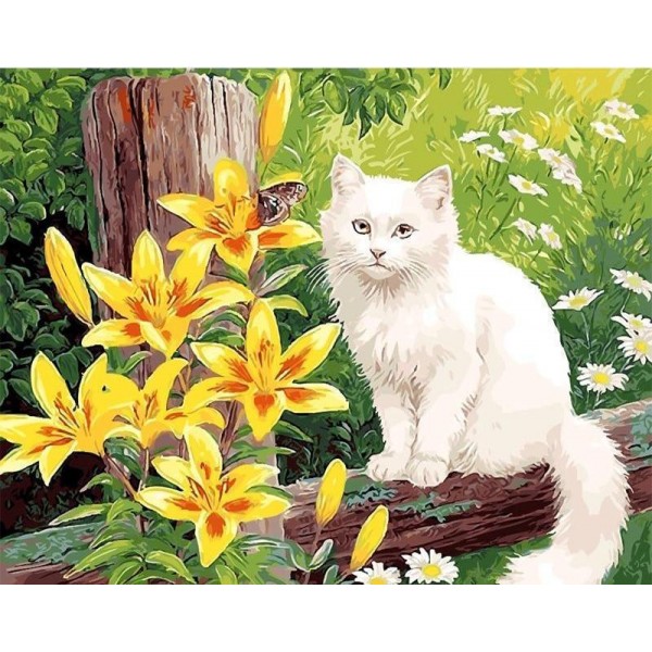 White and Yellow Flowers with White Persian Cat