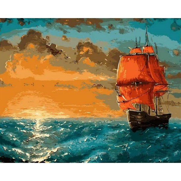 Vintage Ship in the Sea and Sunset Painting by Numbers Kit
