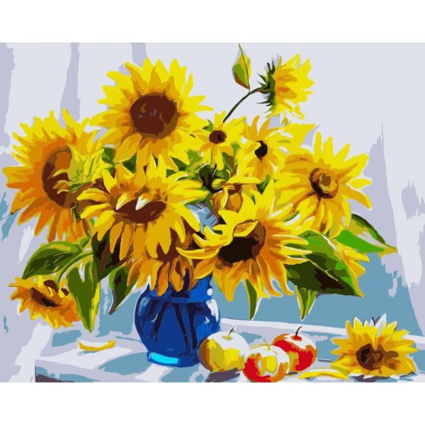 Sunflowers in Blue Glass Vase