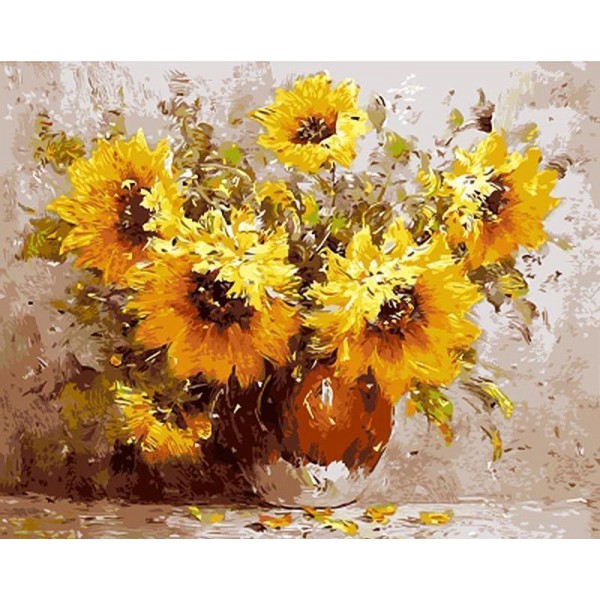 Artistic Sun Flowers in a Wooden Vase - Paint Numbers