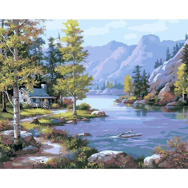Mountains, River, trees and rest house Paint by number