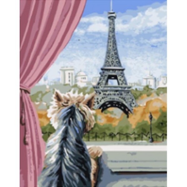 Dog Starring Eiffel Tower from the Window