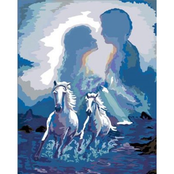 Artistic Painting of a Couple and Horses