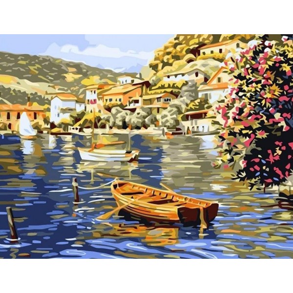 Flowers and Sailing Boat on  the River