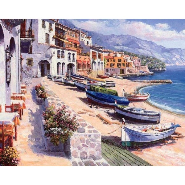 Town on the Beach and Boats Paint by Number Kit for Adults